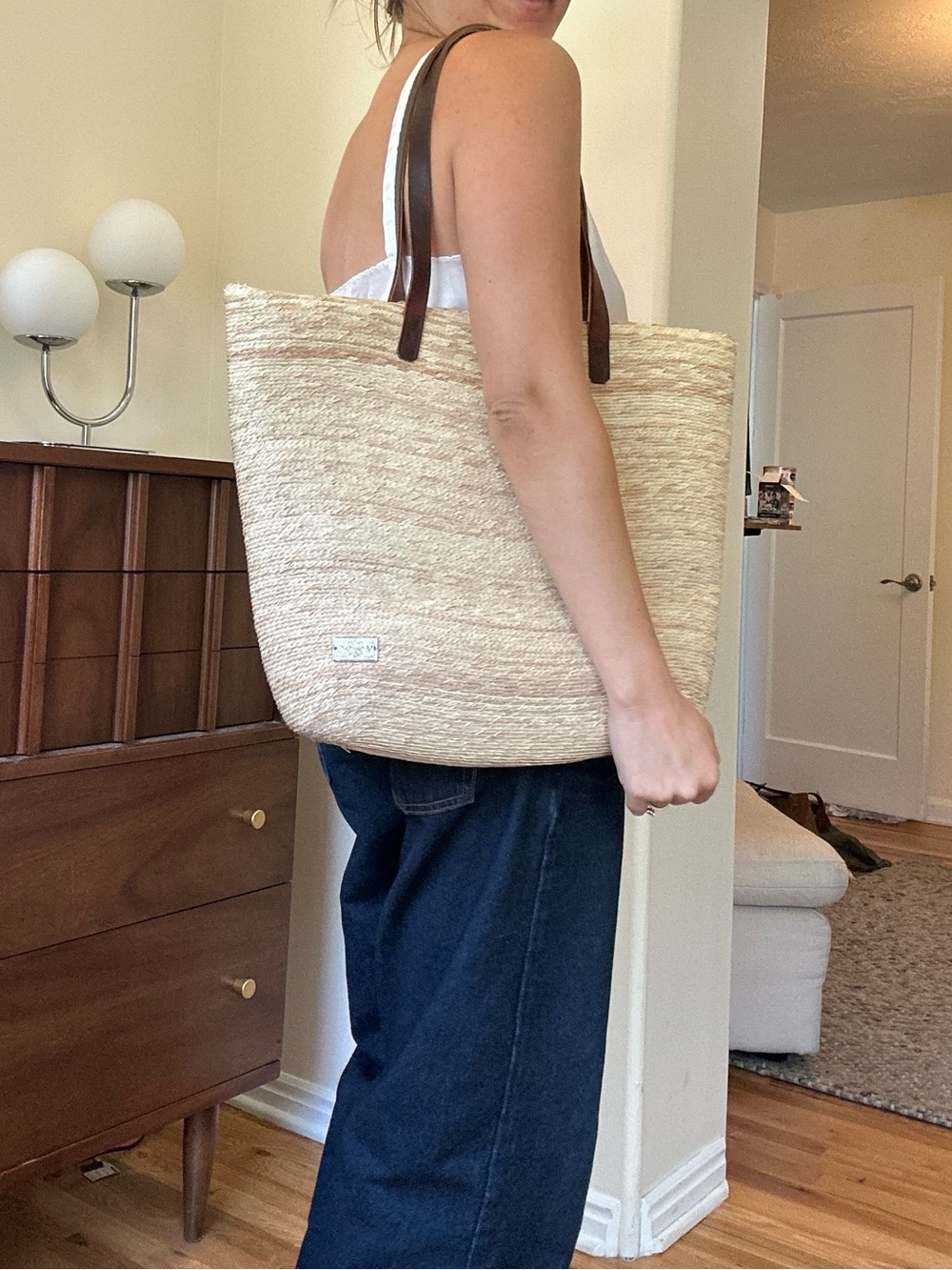 Natural Straw Tote with Brown Leather Straps